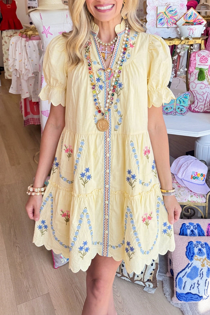 Puff Sleeve Tiered Floral Scallop Dress