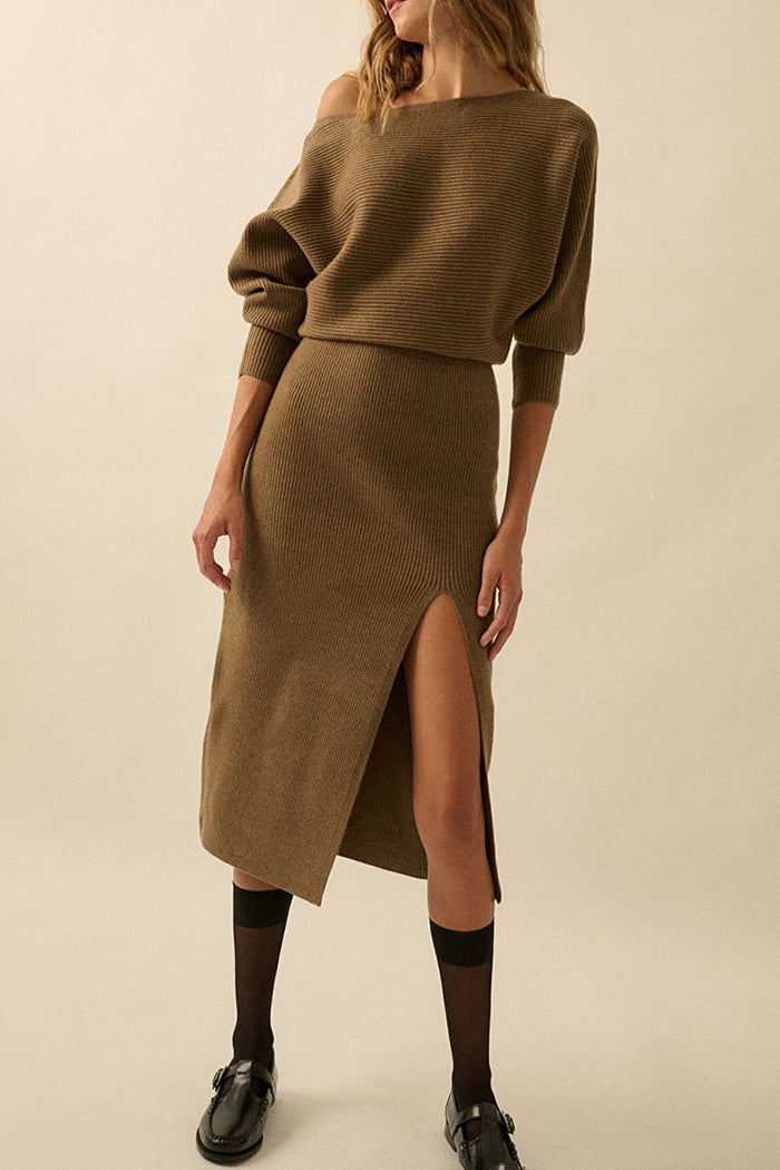 A Ribbed Knit Sweater Midi Dress