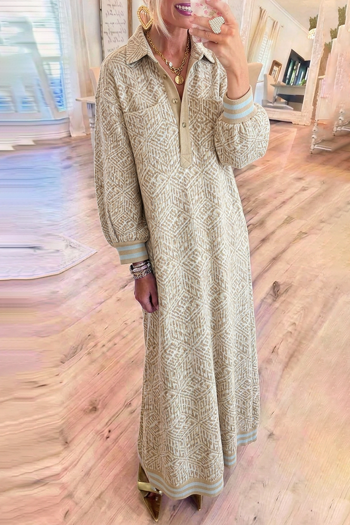 Jacquard Collared Chest Pocket Striped Trim Long Sleeve Maxi Dress