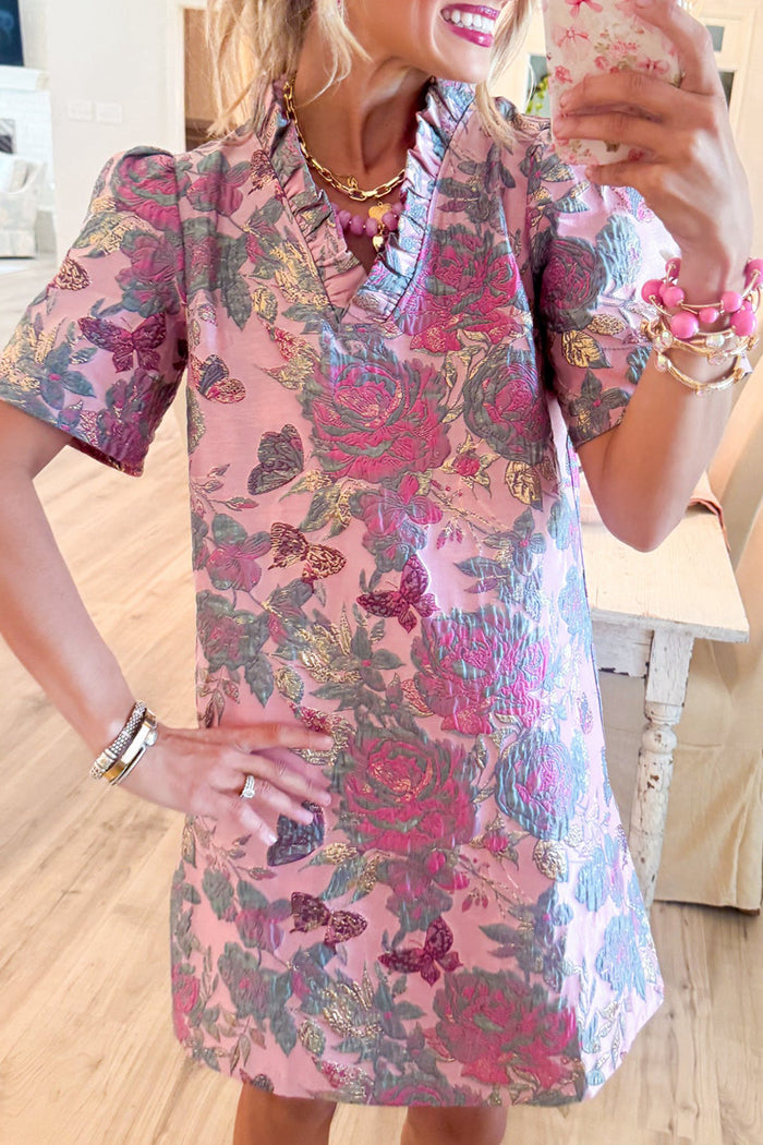 Pink Floral Jacquard Shift Dress