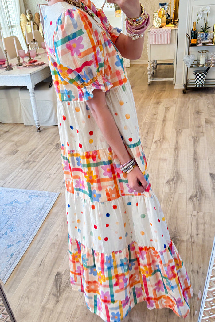 Confetti Print Puff Sleeve Tiered Midi Dress