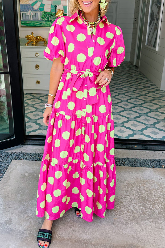 Hot Pink Puff Sleeve Polka Dot Midi Dress