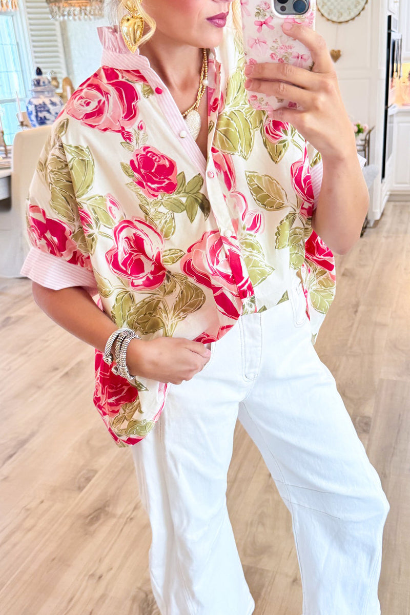 Floral Ruffe Contrast Button  Top
