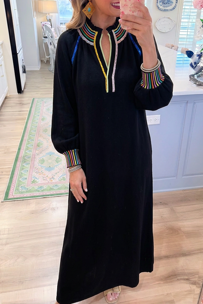Black Ruffle Collar Knit Colorful Piping Pockets Maxi Dress