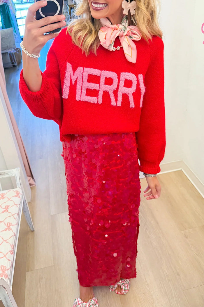 Red Paillette Sequin High Waist Maxi Skirt