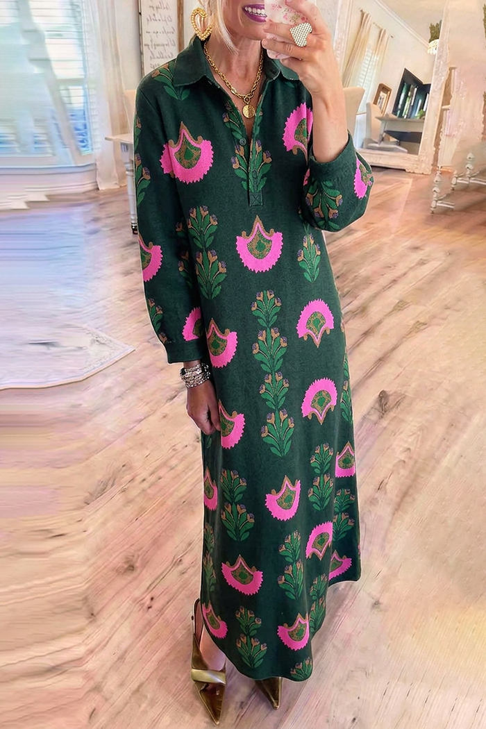 Green Floral Jacquard Collared Long Sleeves Pockets Maxi Dress