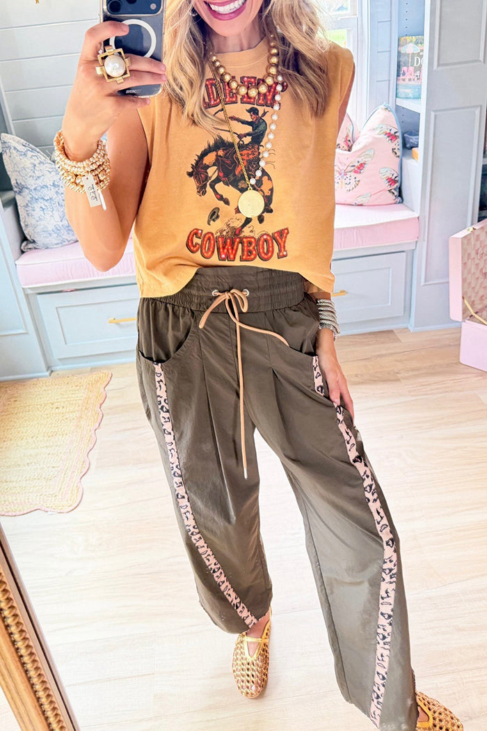 Khaki Cheetah Contrast Wide Leg Pants