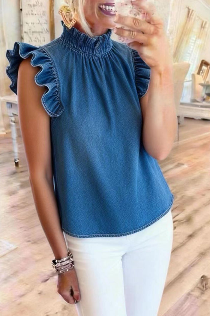 Ruffle Neck Frill Shoulder Denim Top