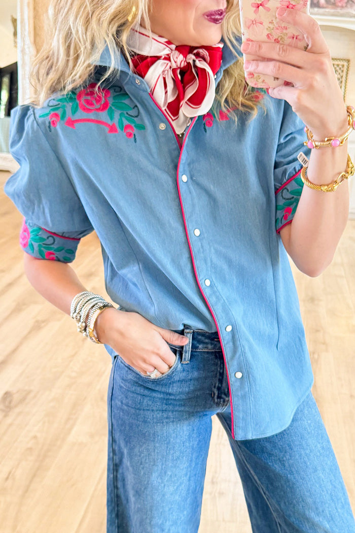 Denim Embroidered Pearl Snap Short Sleeve Top