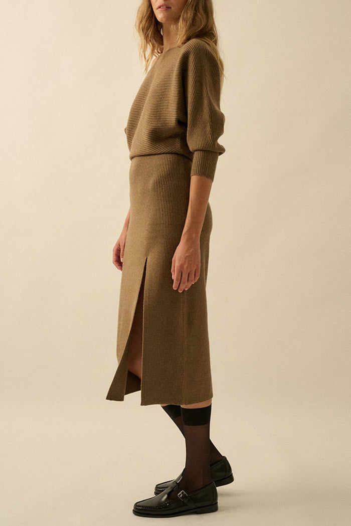 A Ribbed Knit Sweater Midi Dress