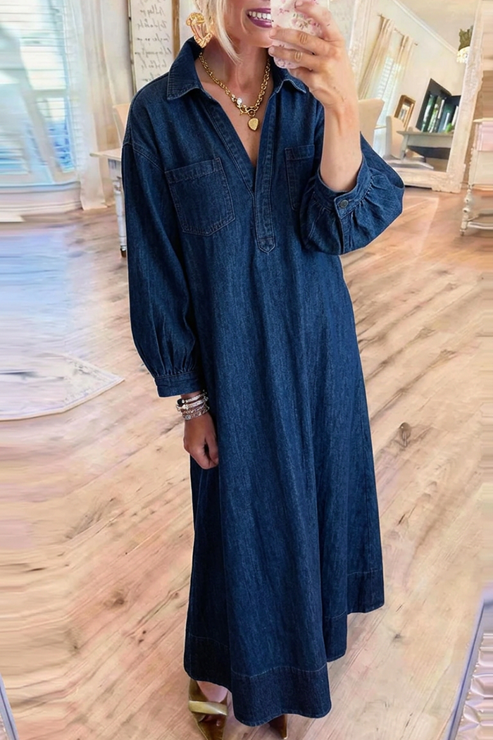 Casual Dark Denim Collared Long Sleeves Pockets Maxi Dress