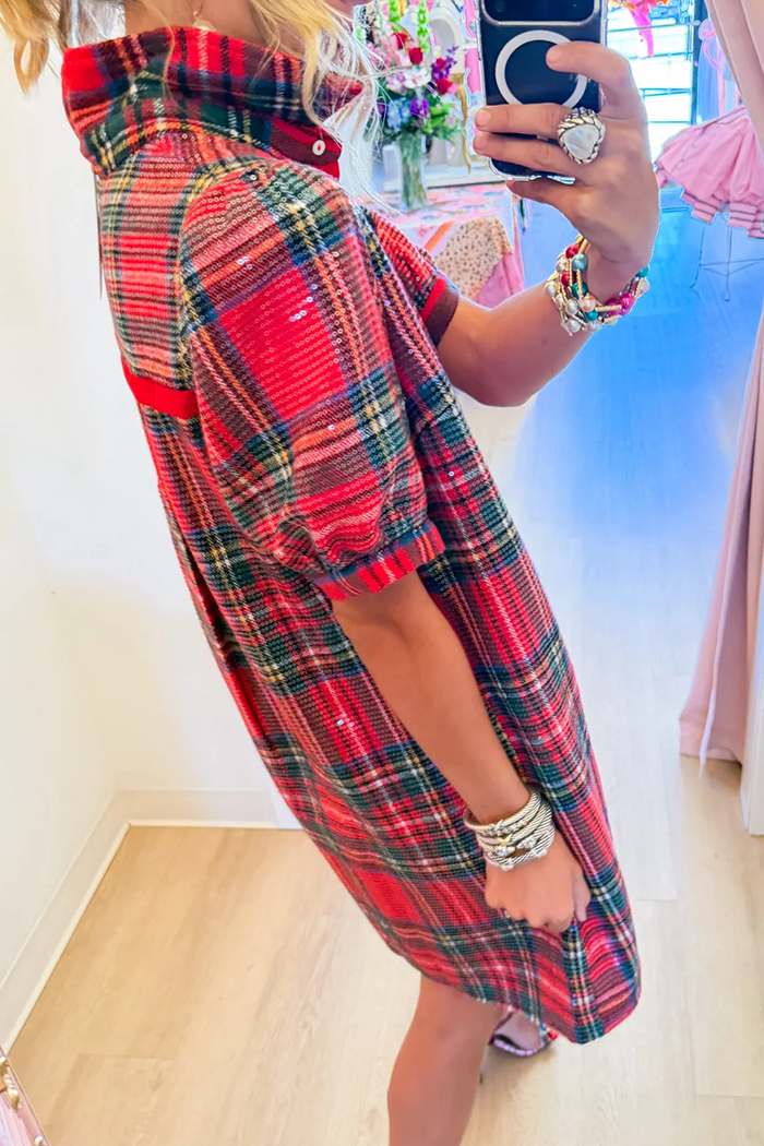 Red Plaid Sequin Short Puff Sleeve Dress