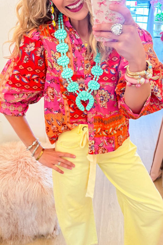 Multi Floral Patchwork Button Up Top