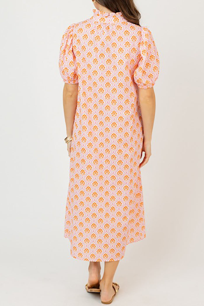 Printed Puff Sleeve Button Pocket Midi Dress