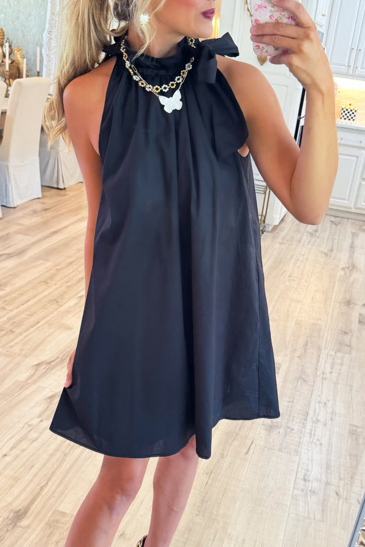Black Ruffle Neck Bow Dress