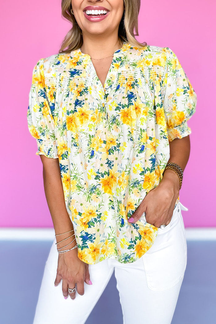 Floral Smocked Yoke Split Neck Top