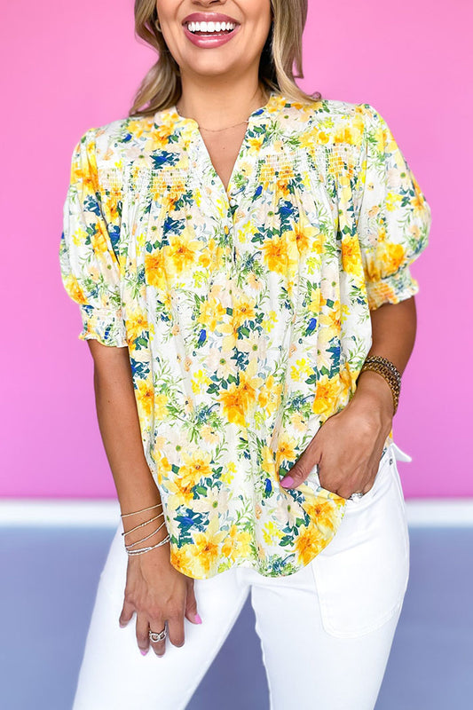 Floral Smocked Yoke Split Neck Top