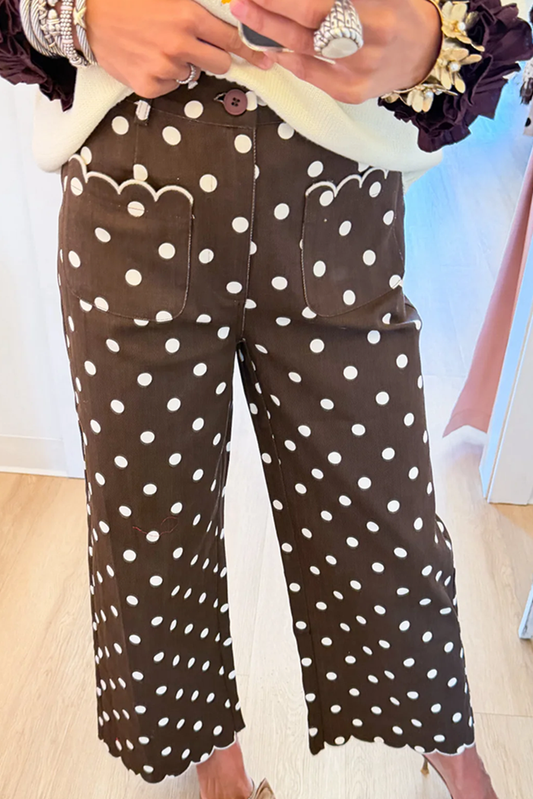 Brown Polka Dot Scallop Trim Pants