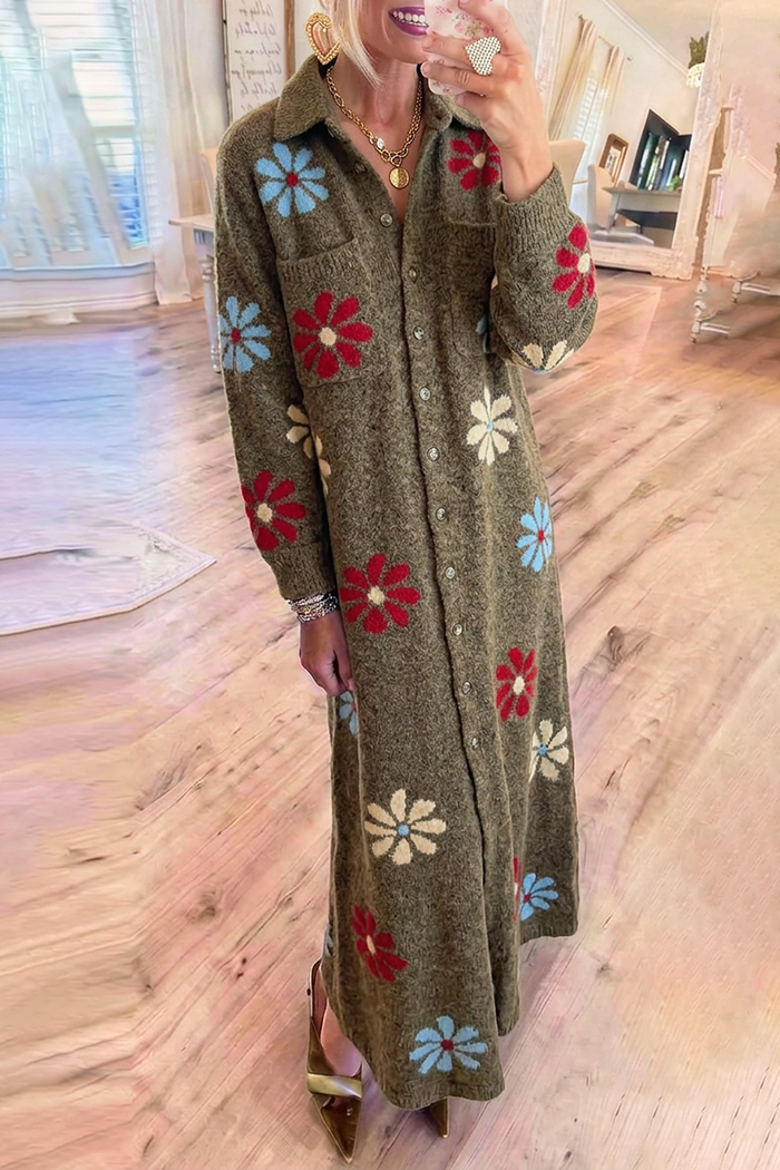 Olive Floral Jacquard Knit Collared Full Button Maxi Dress