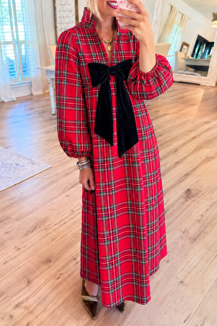 Red Plaid Black Bow Maxi Dress