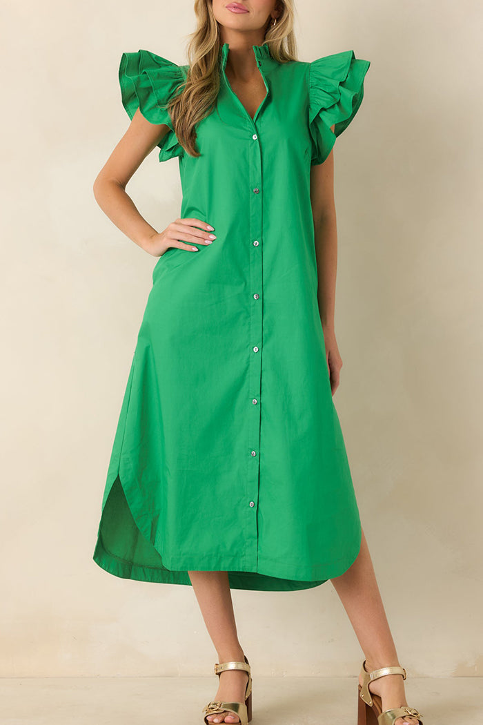 Ruffle Button-Front Pocket Midi Dress