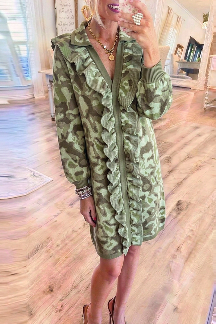 Green Camo Knit Ruffle Front Shirt Dress