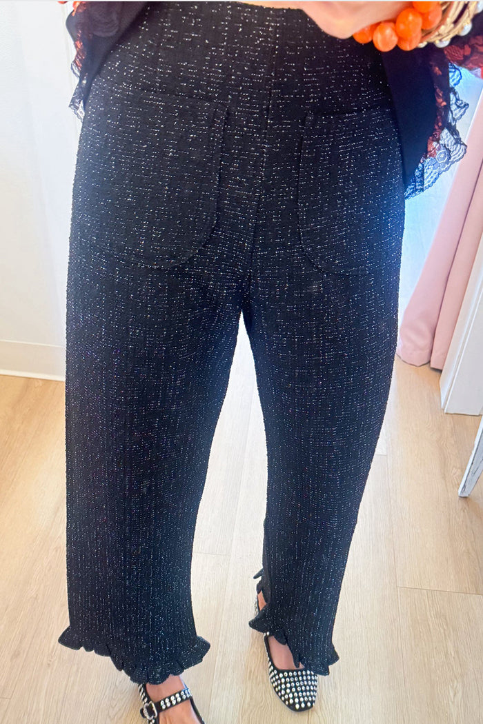 Black Tweed Ruffle Hem Pants
