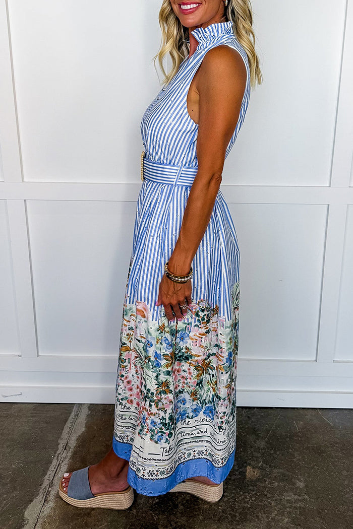 Striped Printed Collared Belted Sleeveless Midi Dress