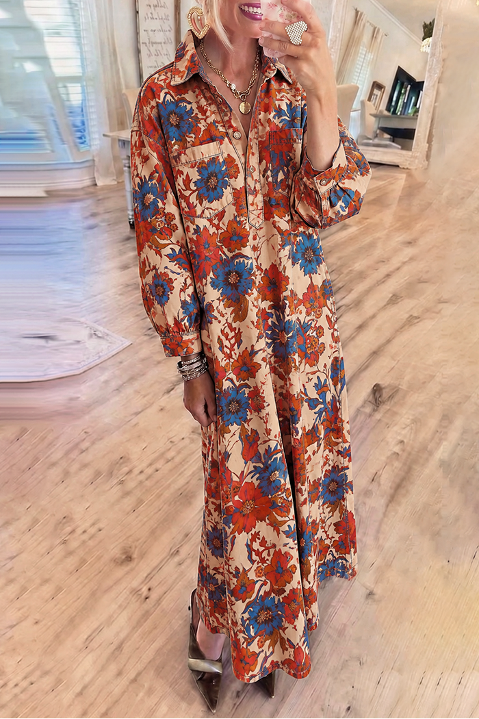 Denim Half Button Pocket Floral Maxi Dress
