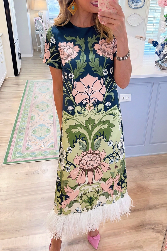 Floral Round Neck Short Sleeve Pocket Feather Hem Dress