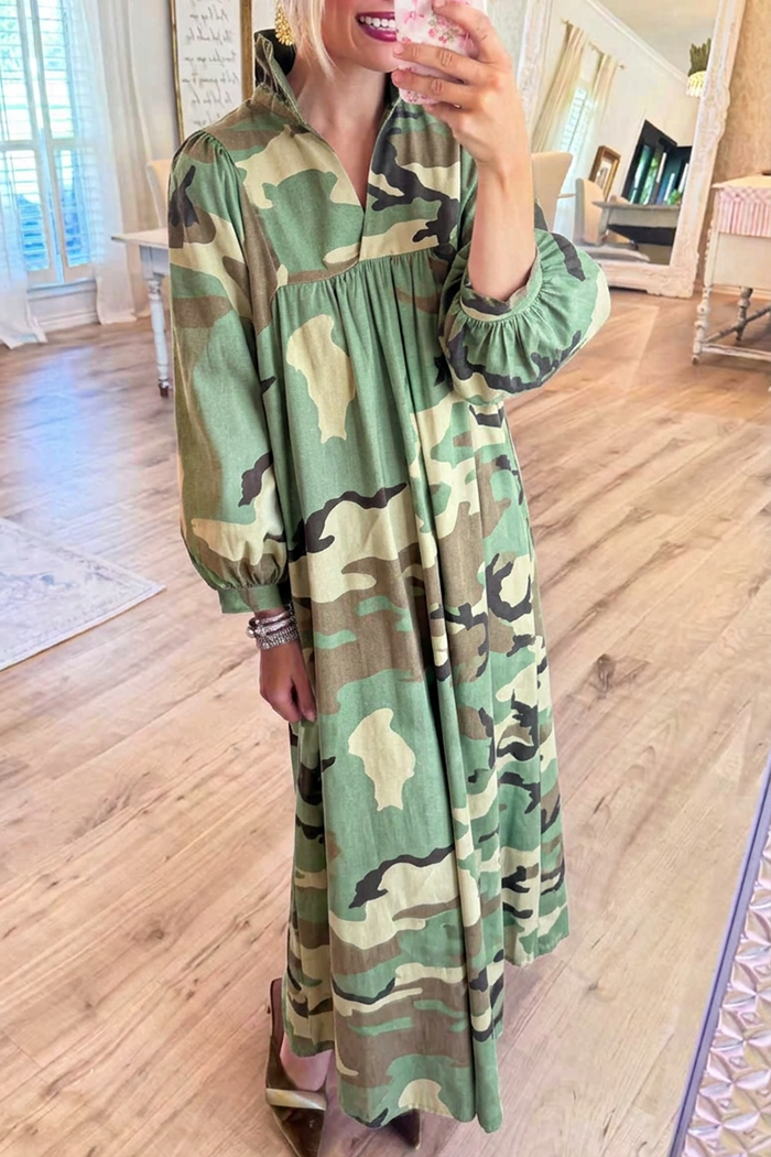 Ruffle Stand Collar Camo Pocket Maxi Dress