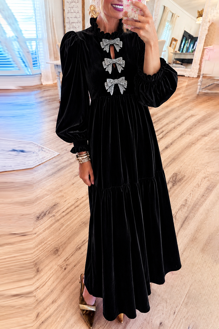Black Velvet Ruffle Neck Puff Sleeve Rhinestone Bow Maxi Dress