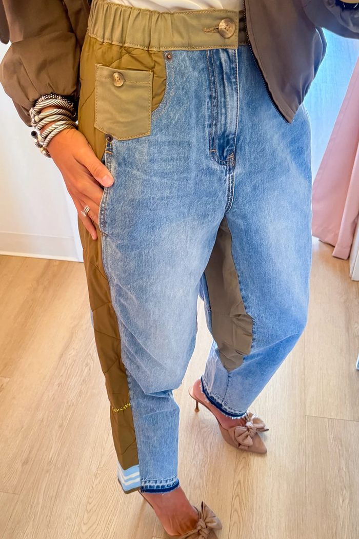 Colorblock Elastic Waistband Straight Leg Contrast Jeans