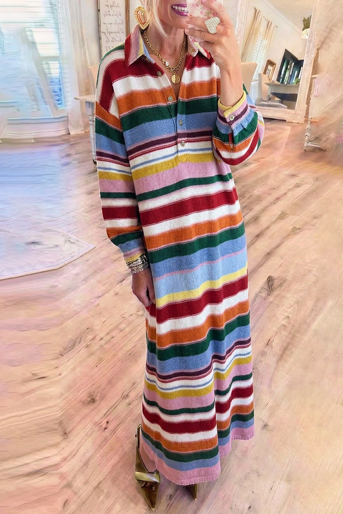 Stripe Knit Collared Half Button Long Sleeve Maxi Dress