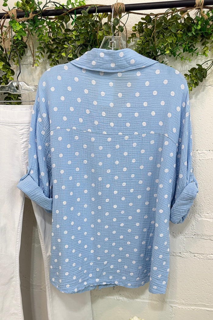 Polka Dot Roll Tab Sleeve Button Down Top