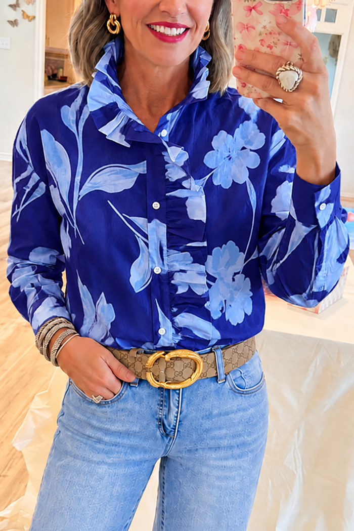 Blue Floral Ruffled Button Top