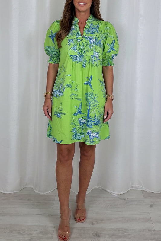 Ruffle Neck Puff Sleeve Print Dress