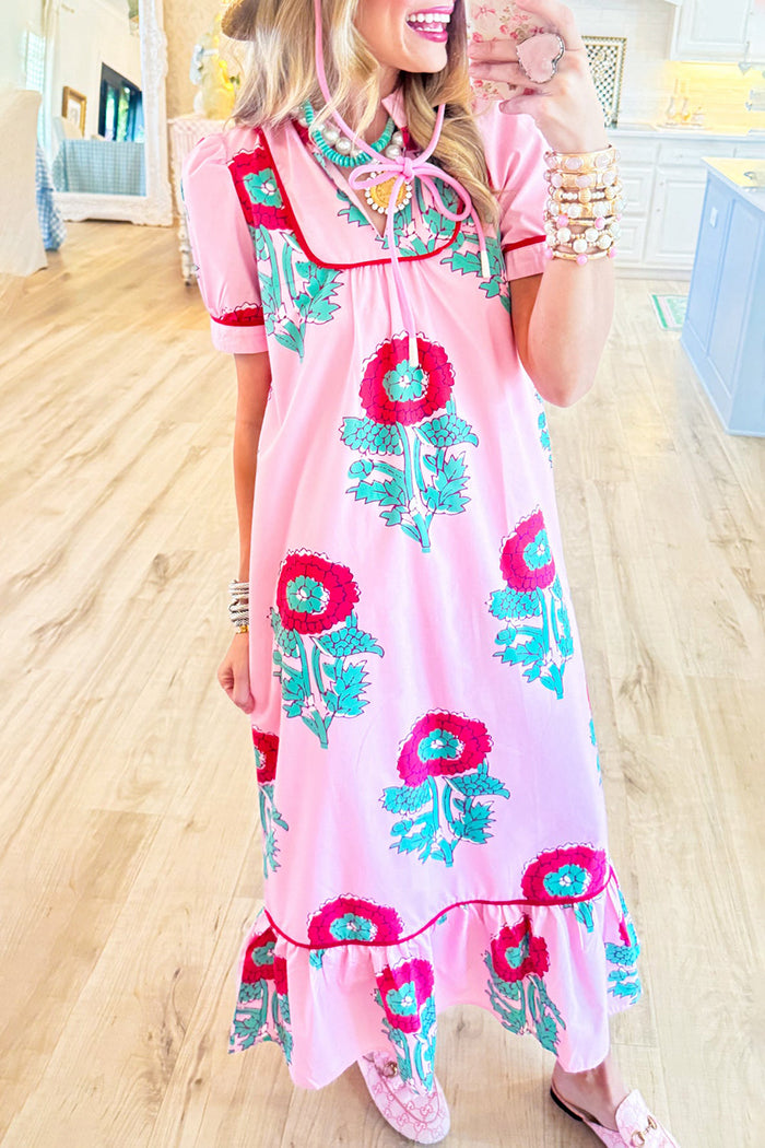 Pink Floral Ruffle Hem Midi Dress