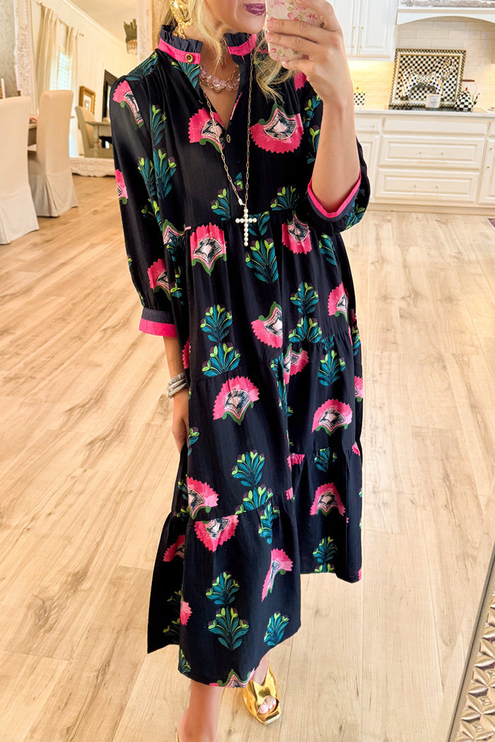 Black Floral Mix Tiered Midi Dress