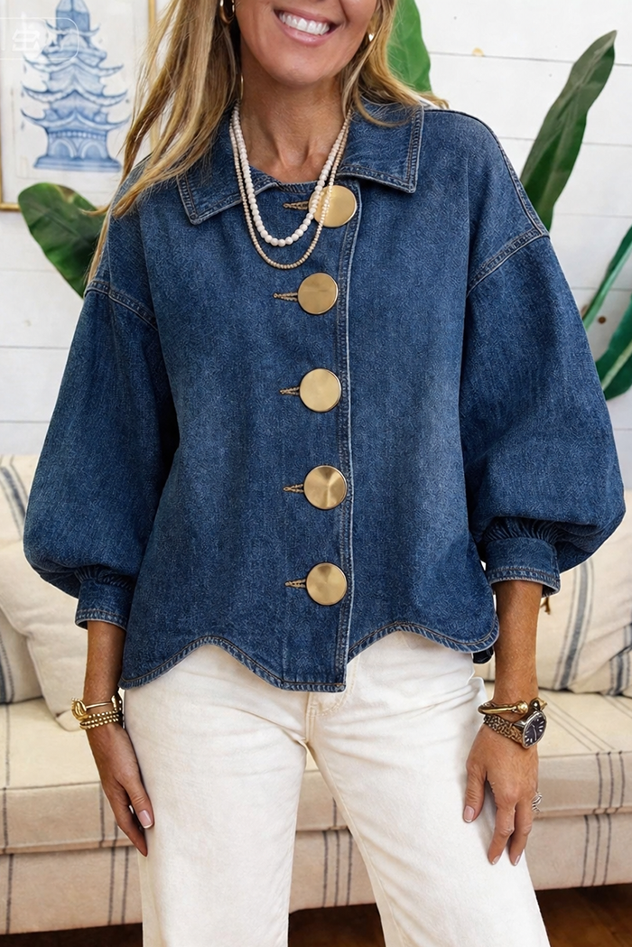 Collared Denim Big Gold Button Balloon Sleeve Top