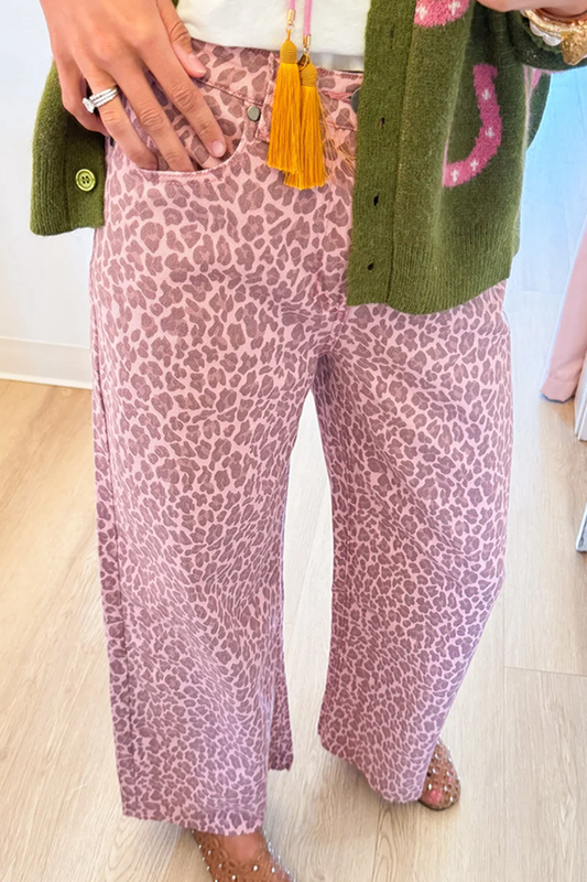 Casual Pink Leopard Print Pants