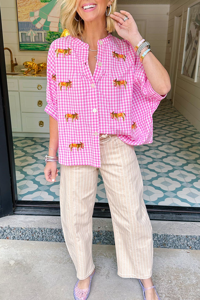 Darling Donkey Gingham Button Up Top