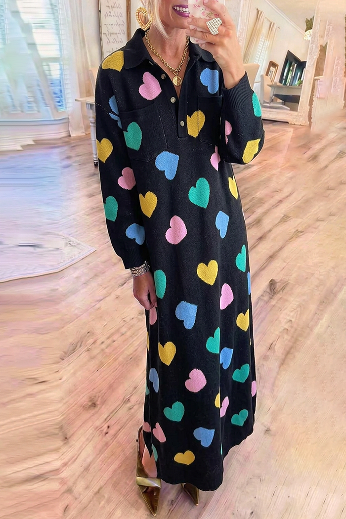 Half Button Knit Heart Pockets Maxi Dress