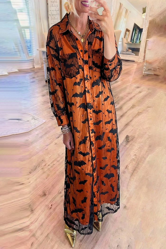Orange Collared Lace Overlay Halloween Bat Motif Long Sleeve Maxi Dress