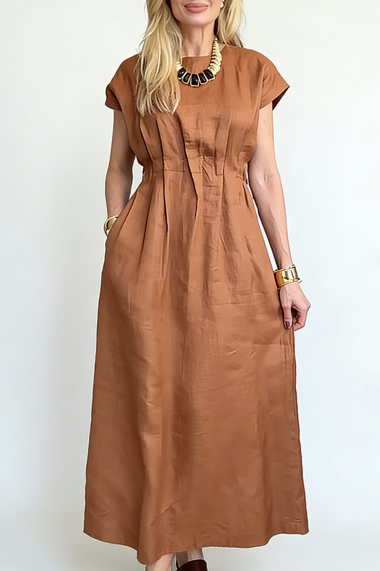 Waisted Crew Neck Pocket Maxi Dress