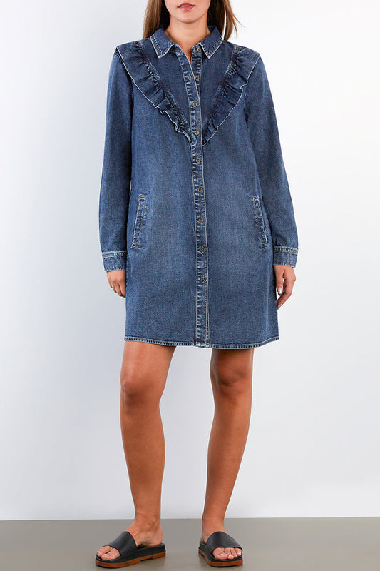 Pocketed Ruffle Trim Denim Shirt Dress