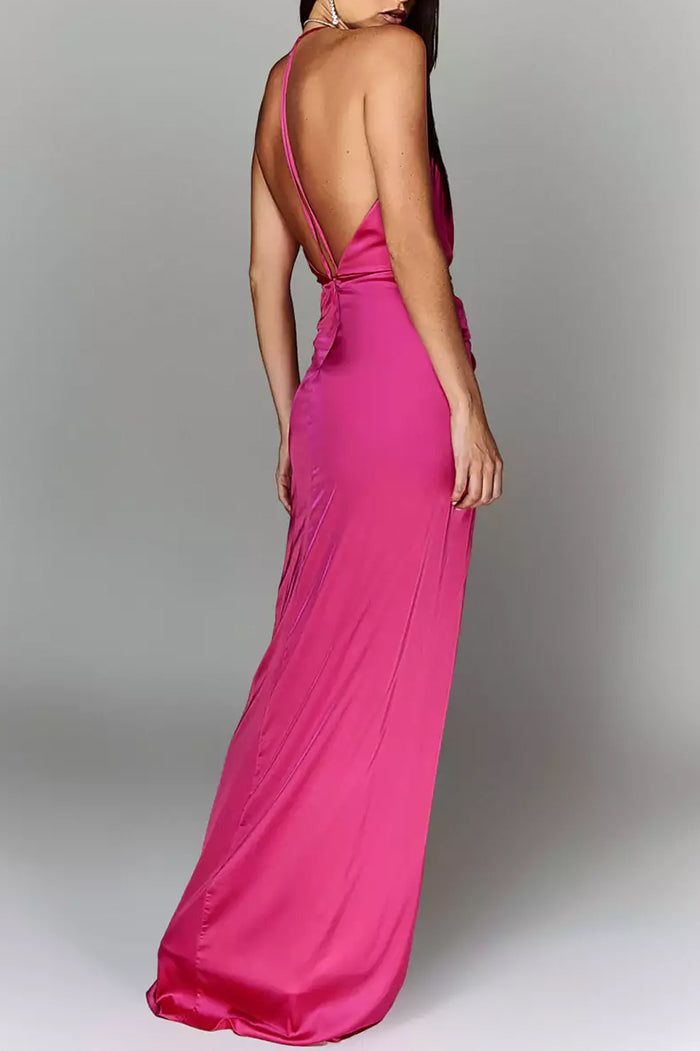 Ruched Deep V Open Back Evening Dress