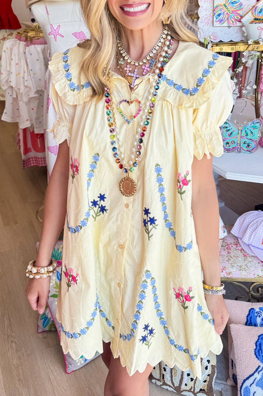 Lemon Floral Scallop Hem Mini Dress