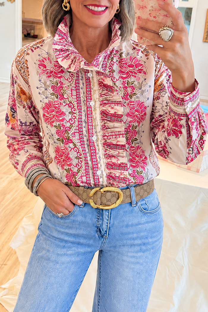 Casual Floral Print Ruffle Shirt