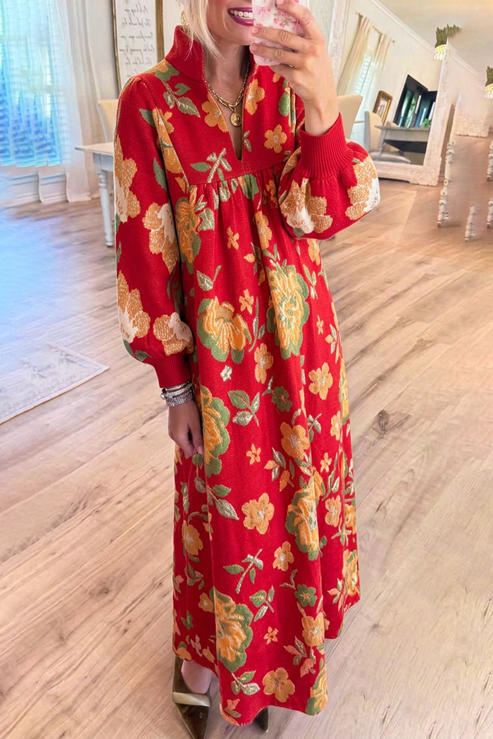Red Floral Jacquard Knit Stand Collar Maxi Dress